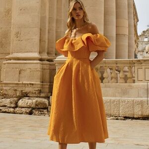 AURORA ORANGE OFF SHOULDER MIDI DRESS
